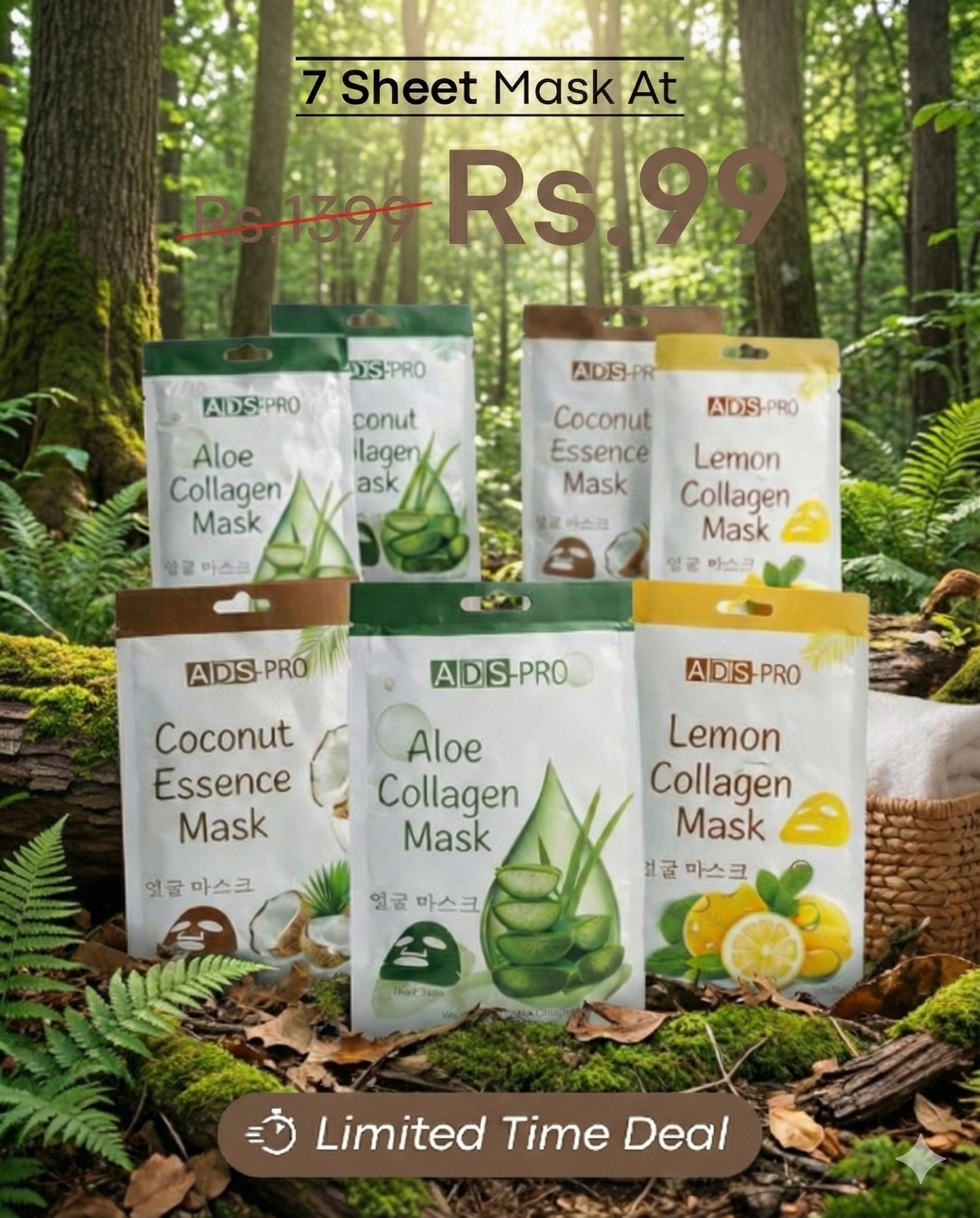 ADS Pro 7 Sheet Mask Combo | Aloe Collagen, Coconut Essence & Lemon Collagen Masks | Deep Hydration, Glow & Skin Repair | Suitable for All Skin Types