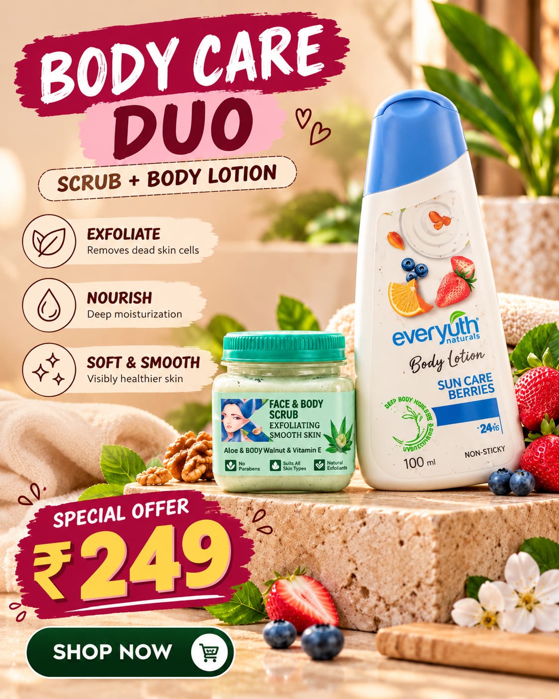 Body Care Duo: Everyuth Face & Body Scrub + Everyuth Sun Care Berries Body Lotion