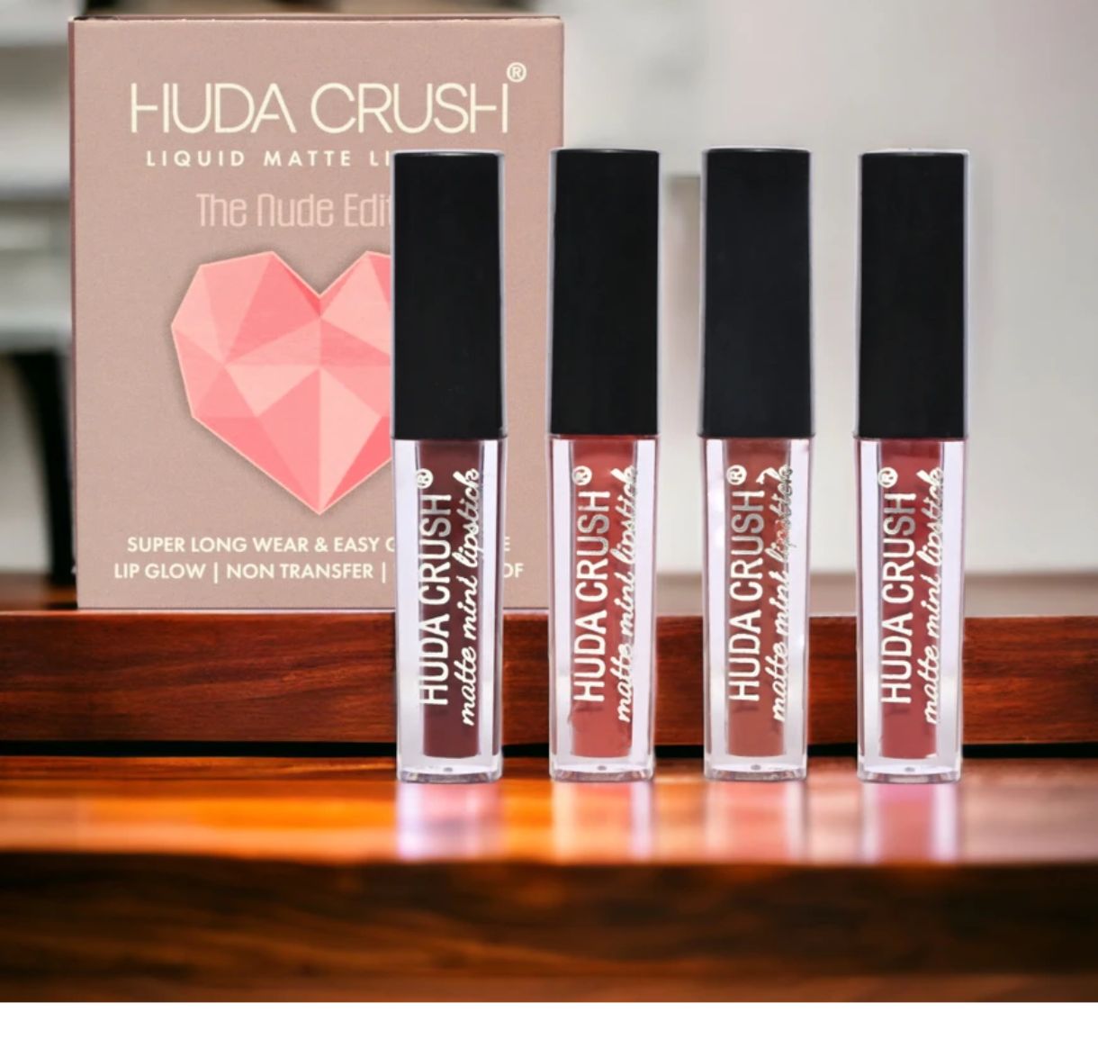 Huda Crush Professional Colour Sensational Liquid Lipstick Combo Pack Set of 4,super Matt Finish(Nude Edition)