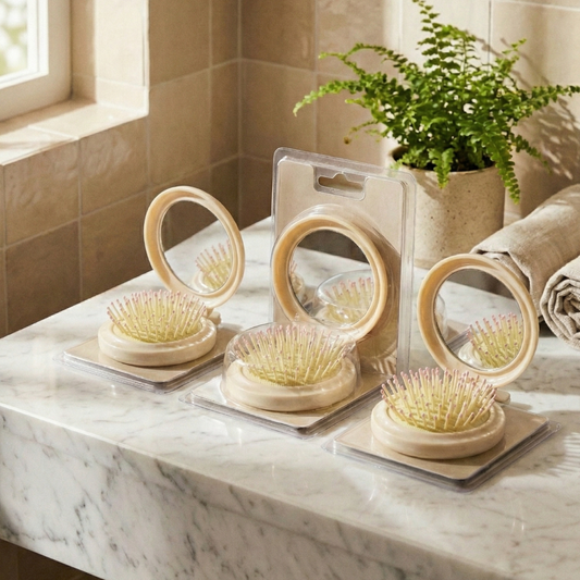 Mini Foldable Hair Brush Set of 3 | Compact Travel Hair Brush with Mirror | Gentle Detangling for Smooth, Frizz-Free Hair | Lightweight, Portable & Gift-Ready | Suitable for All Hair Types