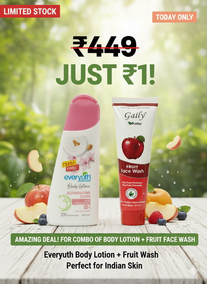 Gaily Aroma Fruit Face Wash (90g) + Everyuth Naturals Rejuvenating Flora Body Lotion (100ml) | De-Tan, Sun Damage Repair & 24H Moisturisation | Free from Parabens & Silicones