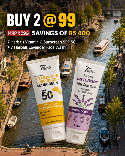7 Herbals Vitamin C Sunscreen SPF 50 + Lavender Bliss Face Wash Combo | Daily Sun Protection & Gentle Cleansing