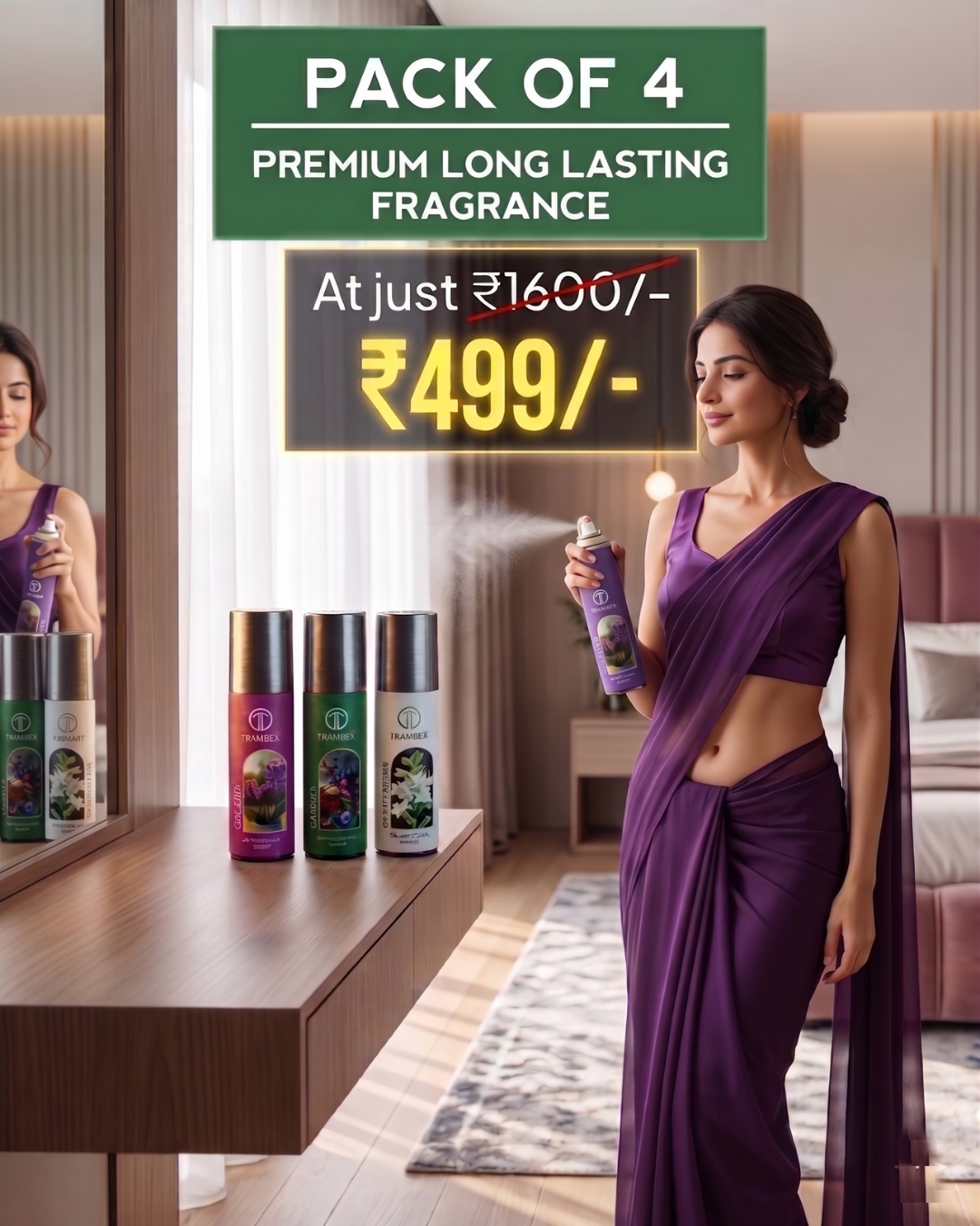 Trambex Premium Long-Lasting 3 in 1 Car, Office, Home Fragrance Spray – Pack of 4