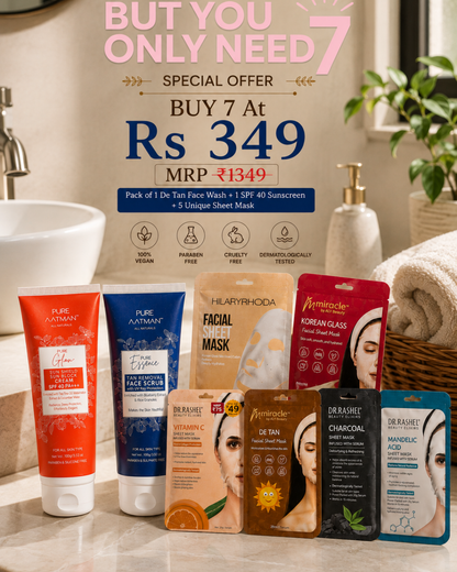 7-Piece Glow & Tan Care Skincare Combo | Face Scrub + SPF 40 Sunscreen + 5 Sheet Masks