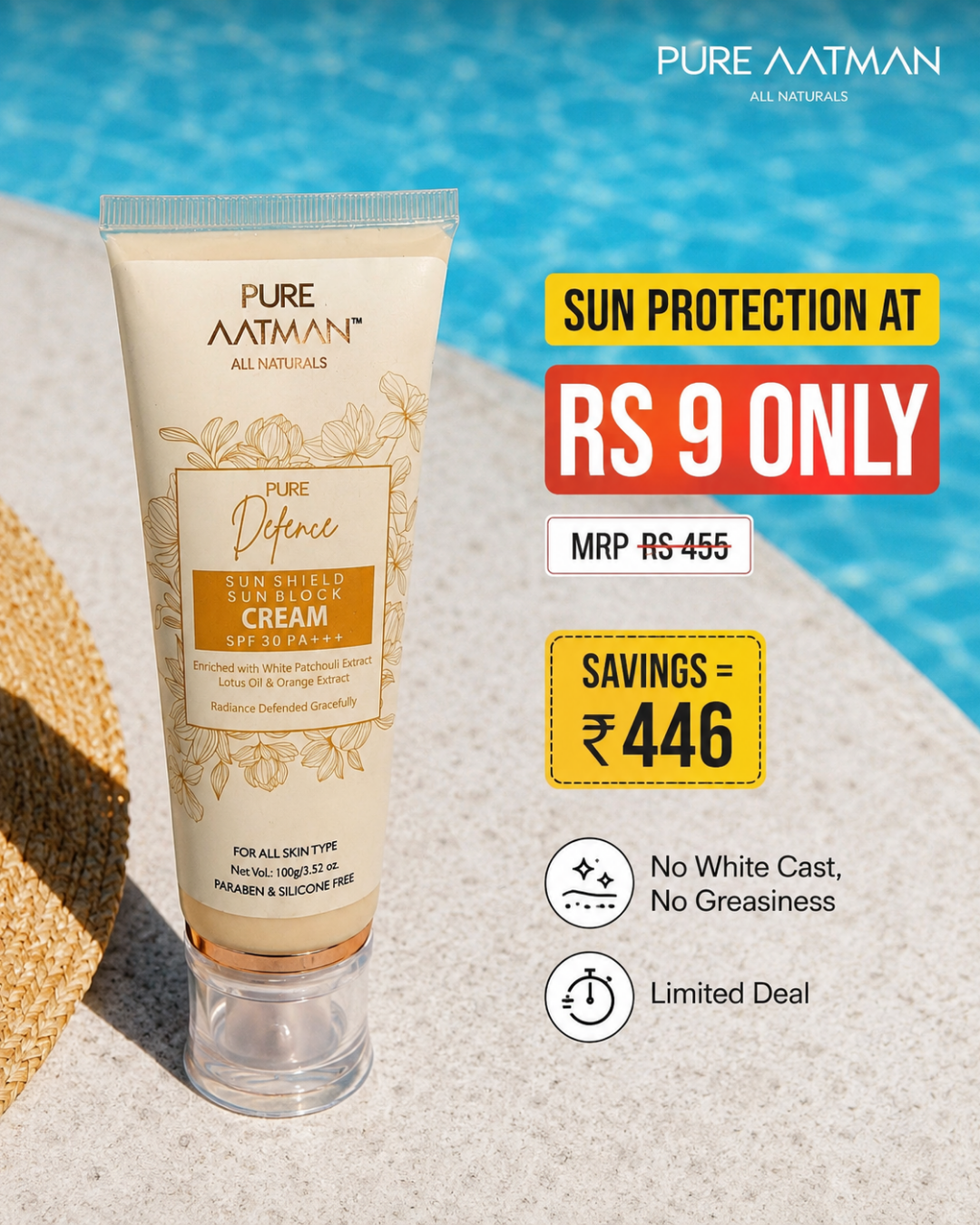 Pure Aatman Pure Defence Sun Shield Sunblock Cream SPF 30 PA+++ — 100g