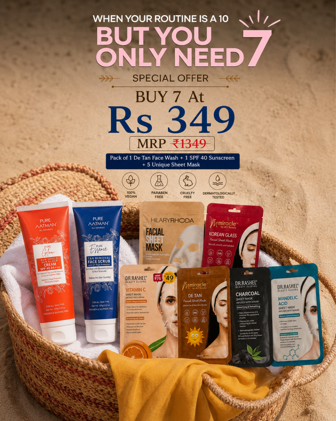 7-Piece Glow & Tan Care Skincare Combo | Face Scrub + SPF 40 Sunscreen + 5 Sheet Masks