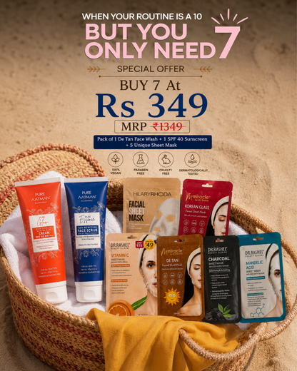 7-Piece Glow & Tan Care Skincare Combo | Face Scrub + SPF 40 Sunscreen + 5 Sheet Masks