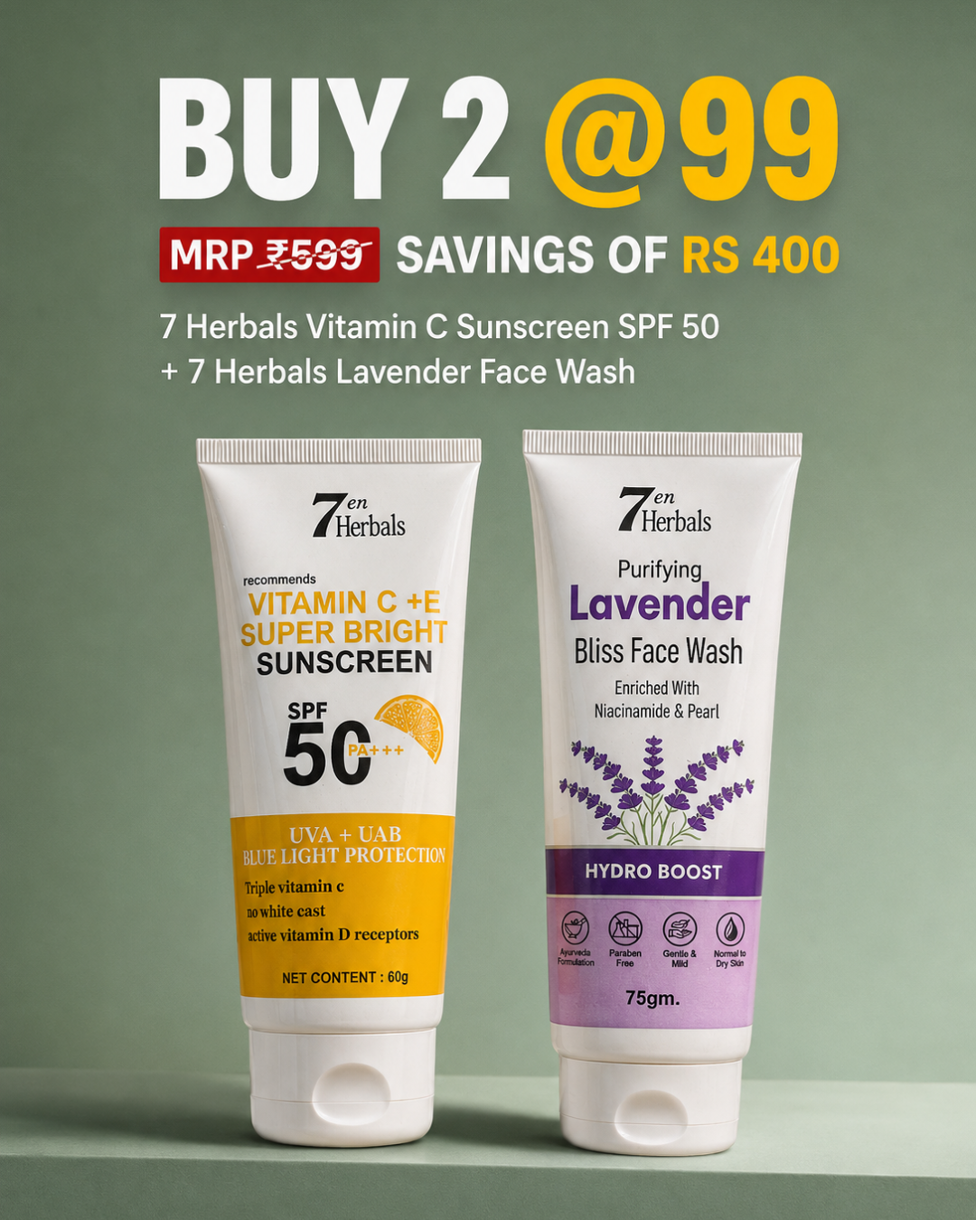 7 Herbals Vitamin C Sunscreen SPF 50 + Lavender Bliss Face Wash Combo | Daily Sun Protection & Gentle Cleansing