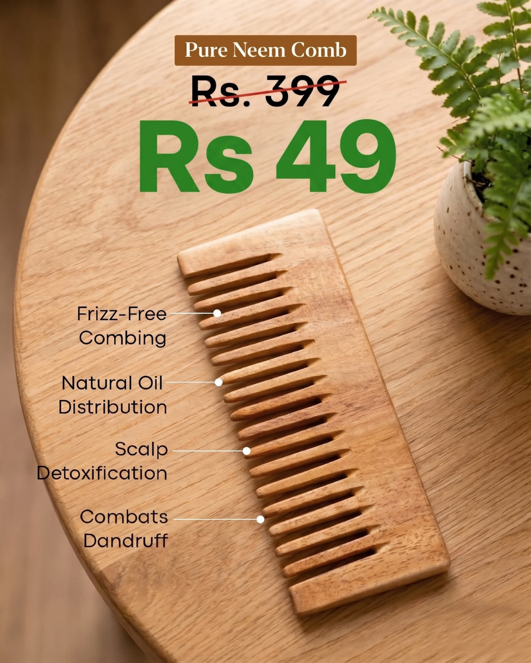 Pure Neem Wood Comb for Hair Growth & Dandruff Control | Anti-Static, Wide Tooth Wooden Comb | Reduces Hair Fall, Frizz-Free Detangling | Scalp Massage & Natural Oil Distribution