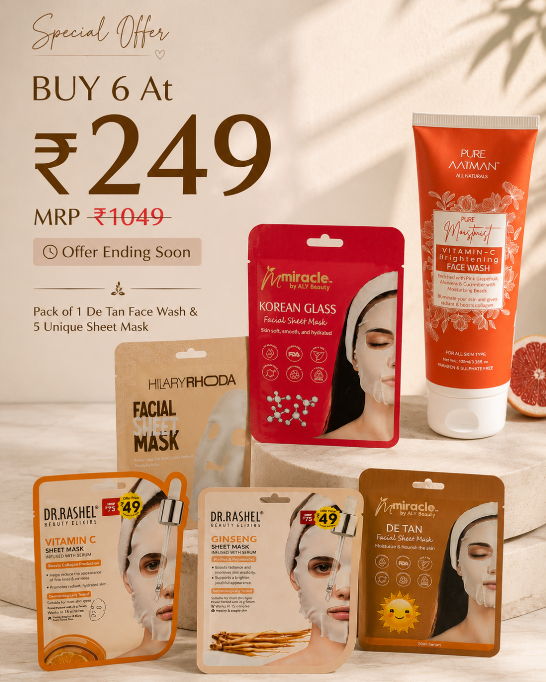 6-Piece Brightening & Glow Skincare Combo | Face Wash + 5 Sheet Masks