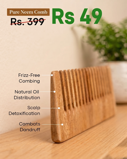 Pure Neem Wood Comb for Hair Growth & Dandruff Control | Anti-Static, Wide Tooth Wooden Comb | Reduces Hair Fall, Frizz-Free Detangling | Scalp Massage & Natural Oil Distribution