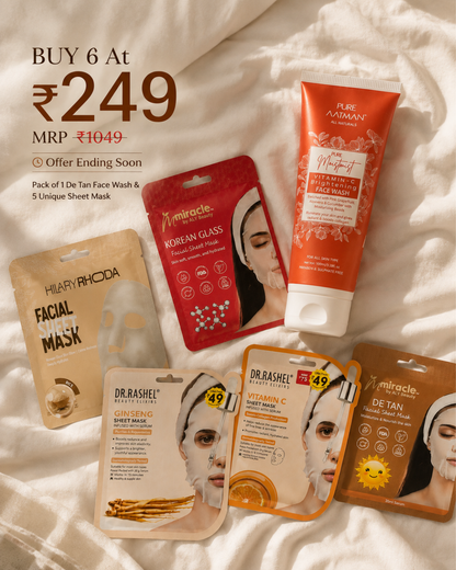 6-Piece Brightening & Glow Skincare Combo | Face Wash + 5 Sheet Masks
