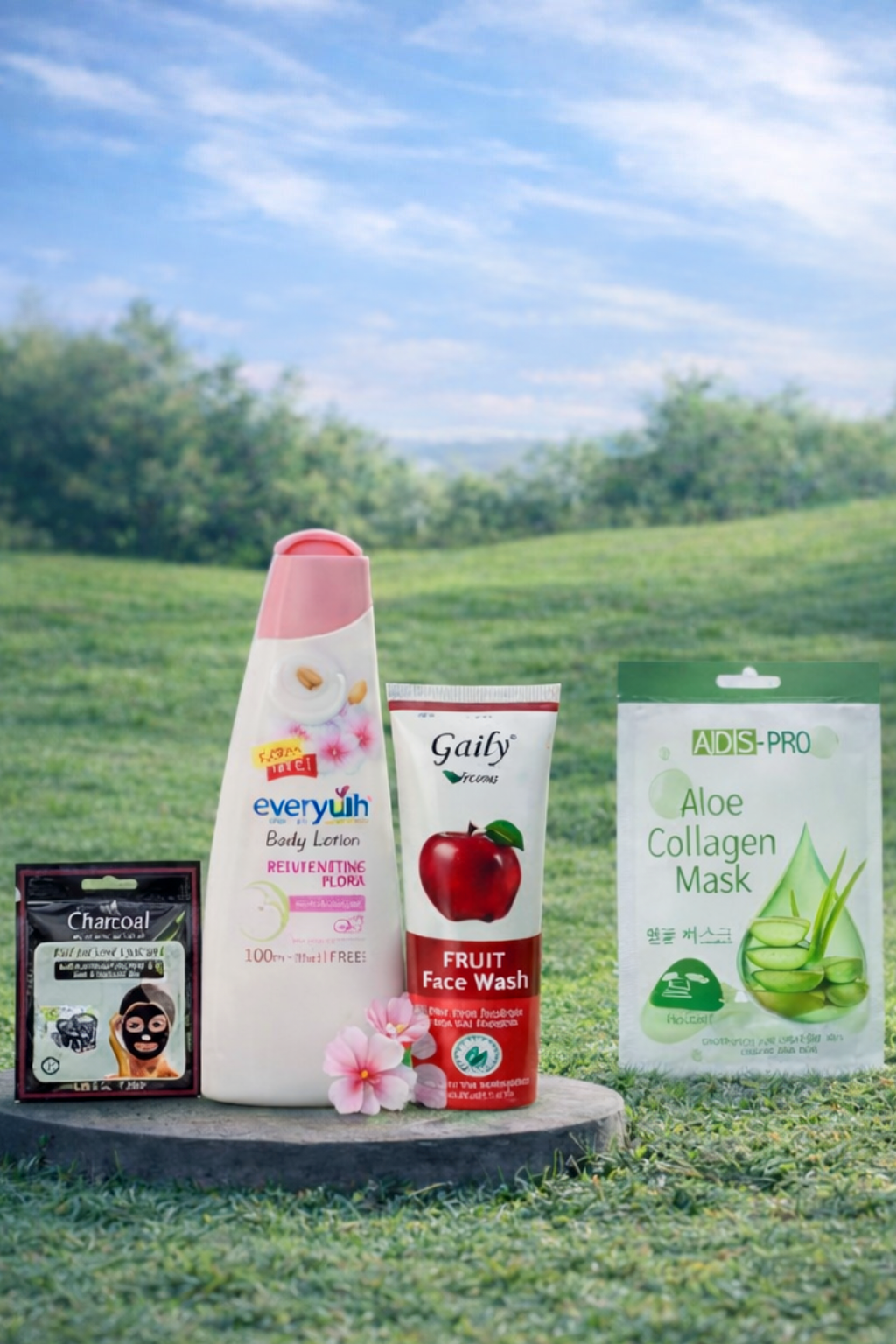 Complete Daily Skin & Body Care Combo | Face Wash + Charcoal Mask + Body Lotion + Aloe Collagen Sheet Mask
