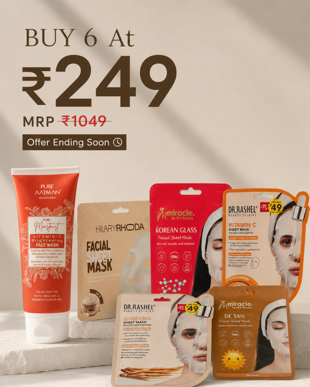 6-Piece Brightening & Glow Skincare Combo | Face Wash + 5 Sheet Masks