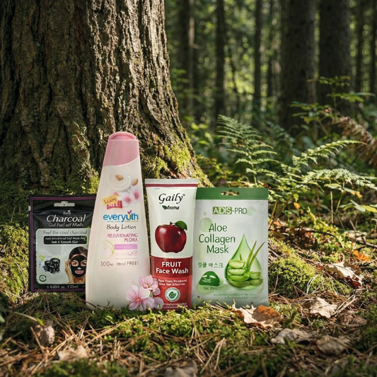 Complete Daily Skin & Body Care Combo | Face Wash + Charcoal Mask + Body Lotion + Aloe Collagen Sheet Mask