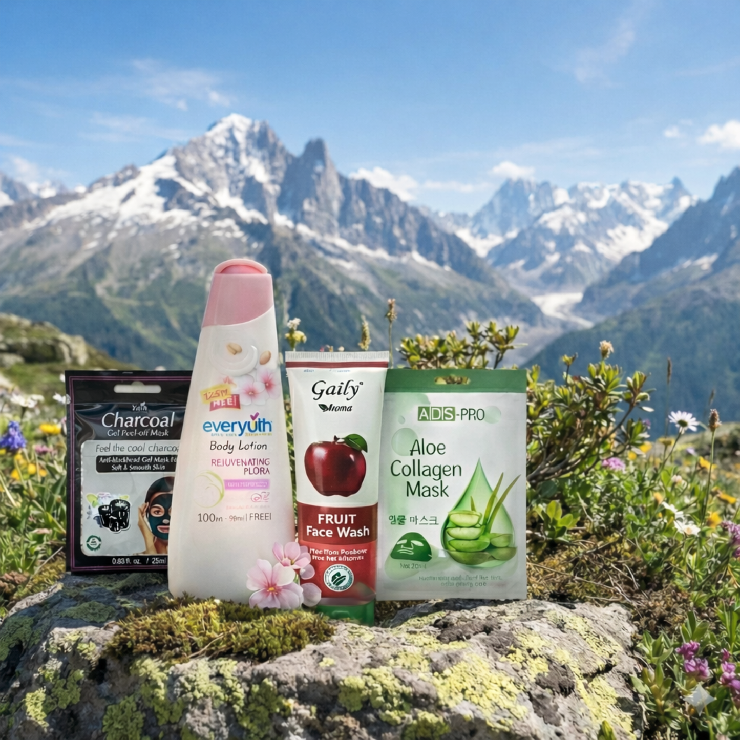 Complete Daily Skin & Body Care Combo | Face Wash + Charcoal Mask + Body Lotion + Aloe Collagen Sheet Mask