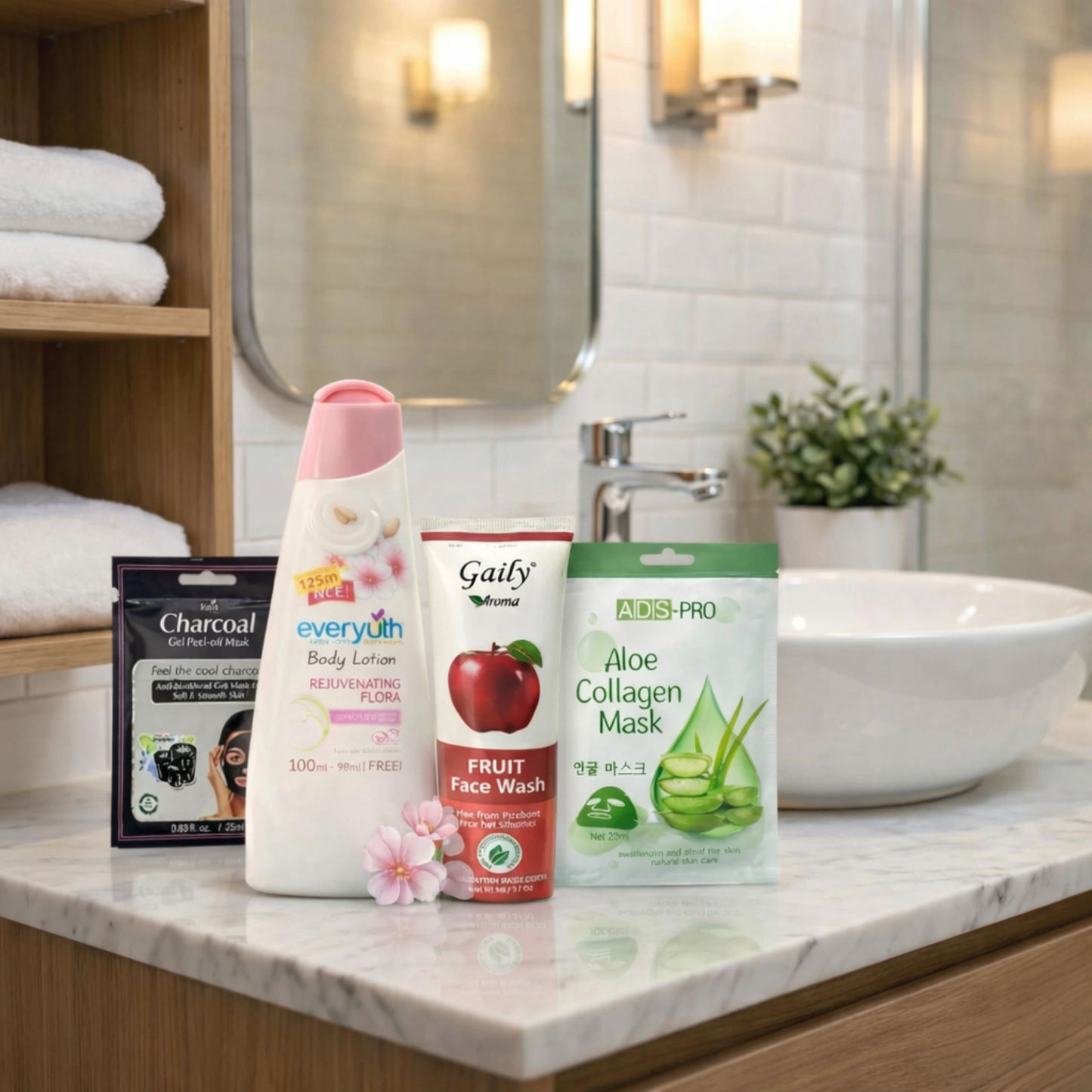 Complete Daily Skin & Body Care Combo | Face Wash + Charcoal Mask + Body Lotion + Aloe Collagen Sheet Mask
