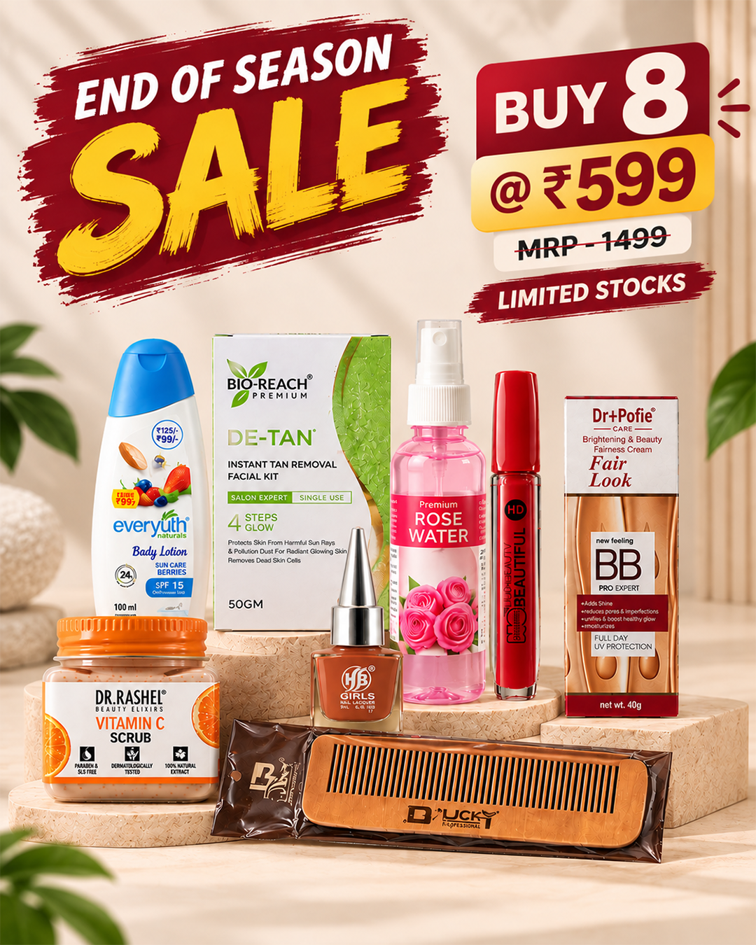 BUY 8 BEAUTY & SKINCARE ESSENTIALS @ ₹599 (MRP ₹1499)