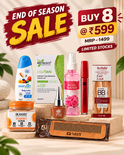 BUY 8 BEAUTY & SKINCARE ESSENTIALS @ ₹599 (MRP ₹1499)