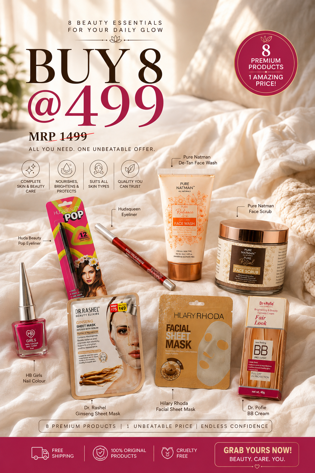 UNIQUE COMBO:- Beauty Essentials Bundle – Buy 8 @ ₹499
