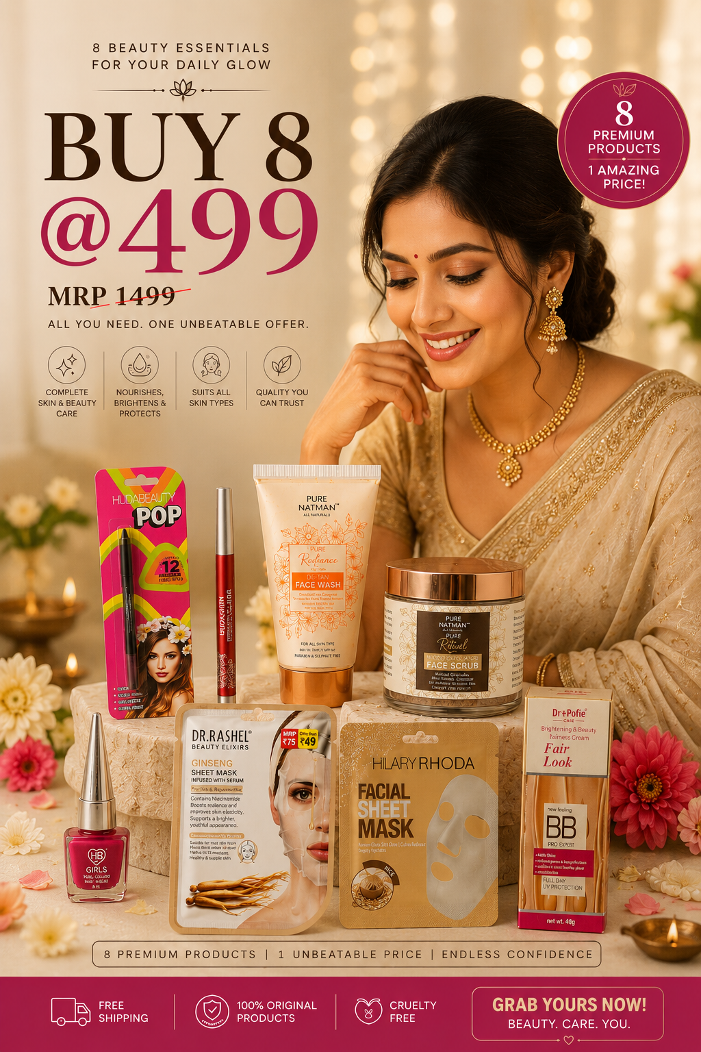 UNIQUE COMBO:- Beauty Essentials Bundle – Buy 8 @ ₹499