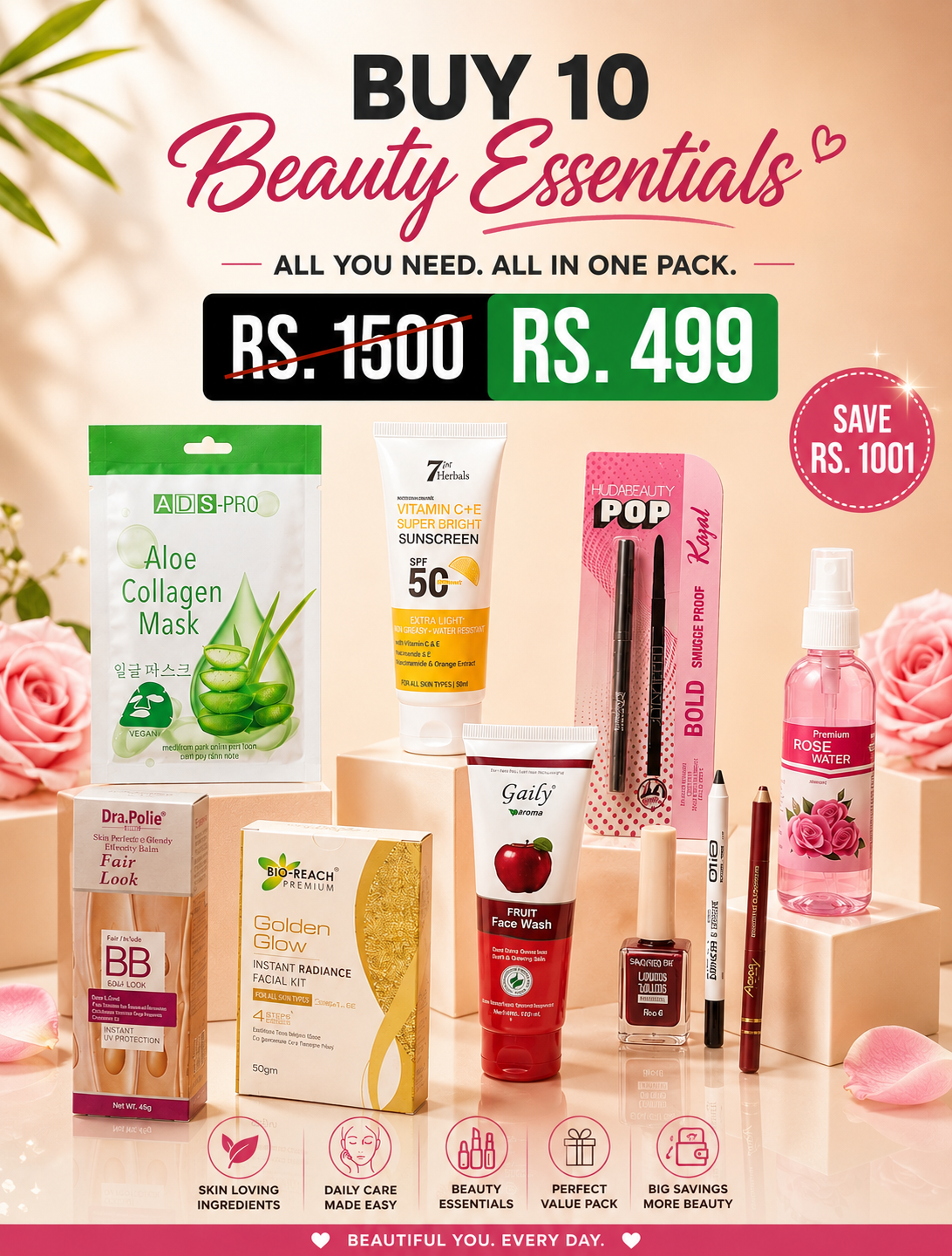 Buy 10 Beauty Essentials Combo Pack – Complete Daily Care Kit @499