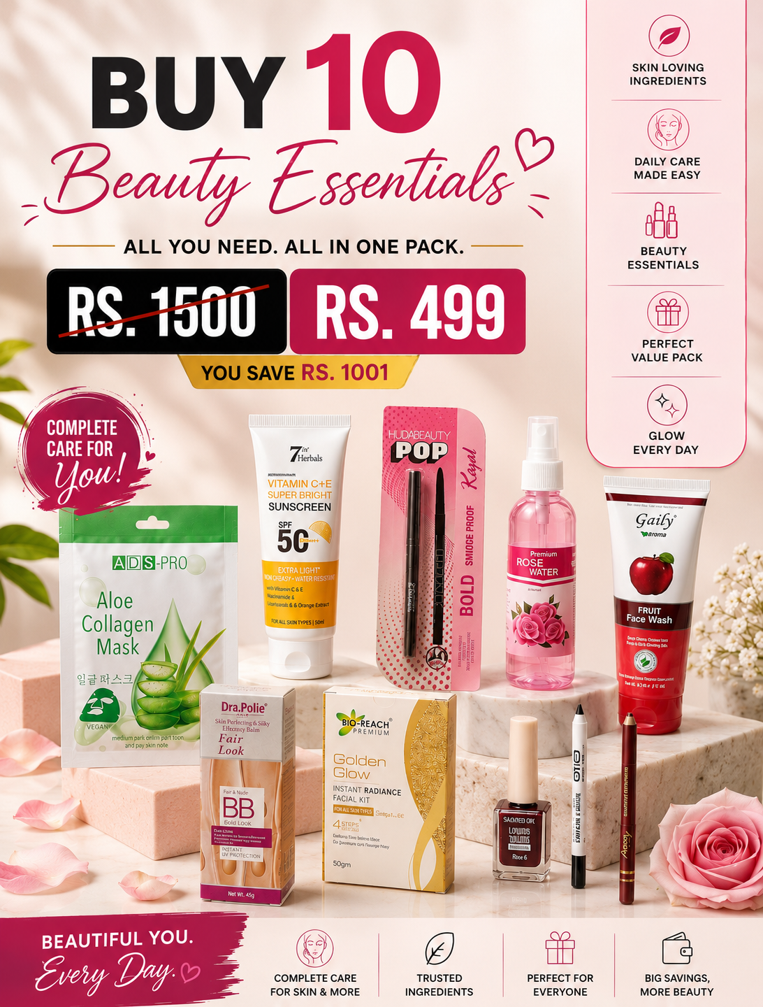 Buy 10 Beauty Essentials Combo Pack – Complete Daily Care Kit @499