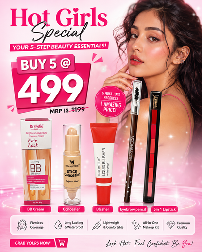 Hot Girls Special Makeup Combo | BB Cream + Concealer + Liquid Blusher + Eyebrow Pencil + 5 in 1 Lipstick | Complete Everyday Beauty Kit | Buy 5 @ ₹499