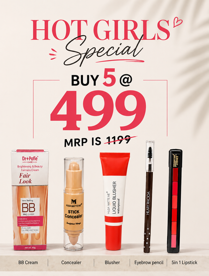 Hot Girls Special Makeup Combo | BB Cream + Concealer + Liquid Blusher + Eyebrow Pencil + 5 in 1 Lipstick | Complete Everyday Beauty Kit | Buy 5 @ ₹499