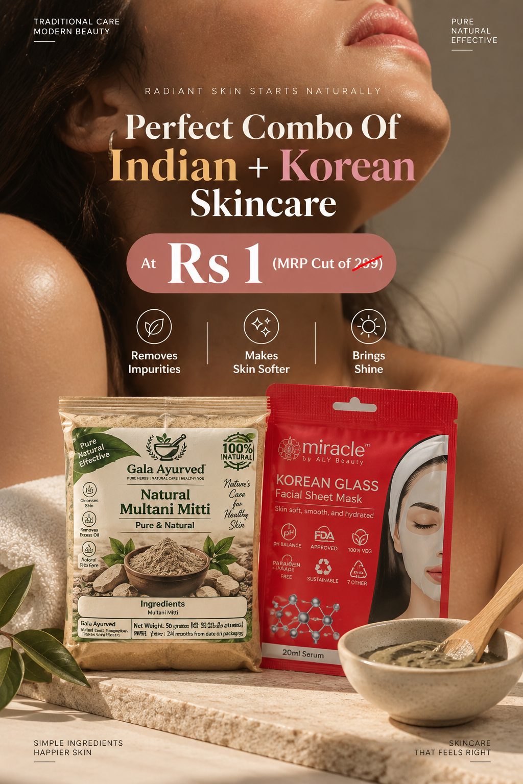 Korean Sheet Mask + Multani Mitti Face Pack Powder