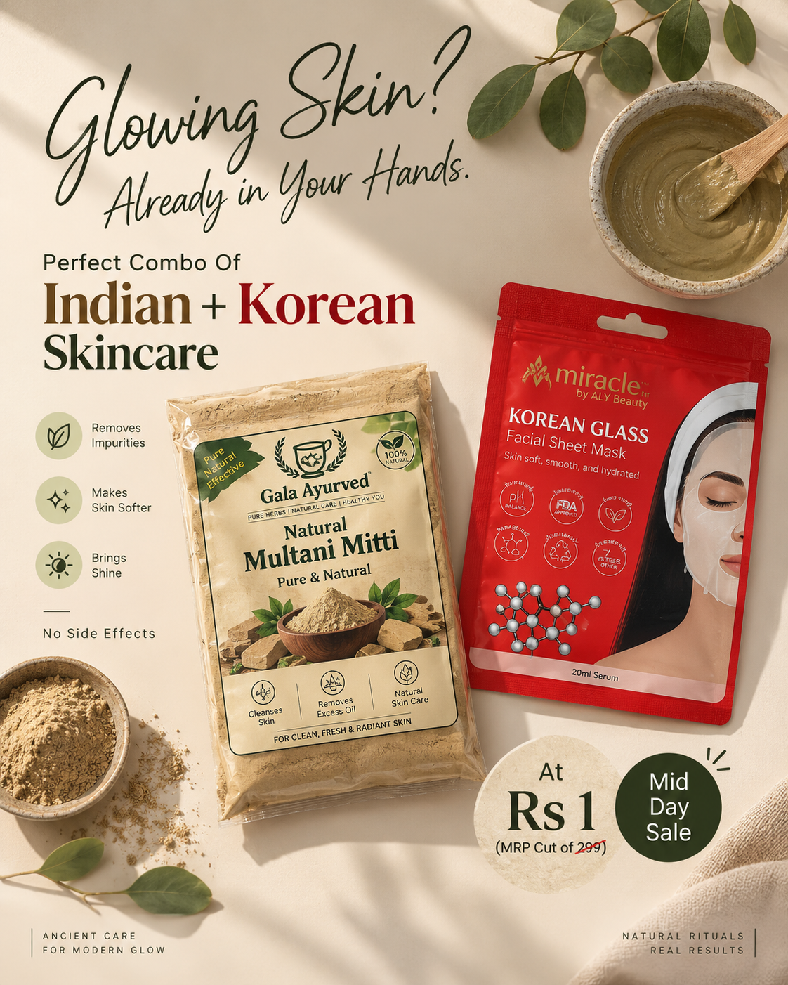 Korean Sheet Mask + Multani Mitti Face Pack Powder
