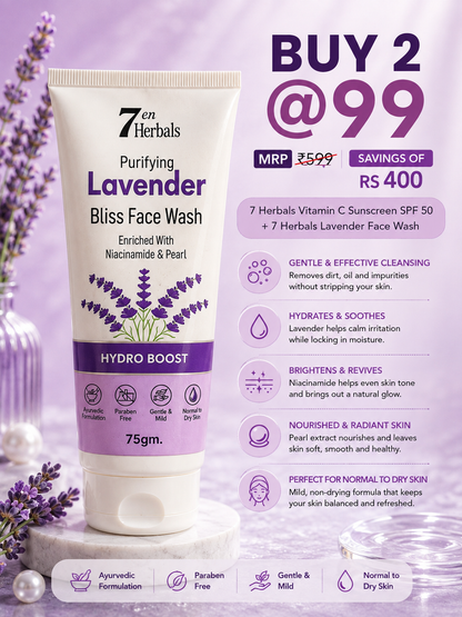 7 Herbals Vitamin C Sunscreen SPF 50 + Lavender Bliss Face Wash Combo | Daily Sun Protection & Gentle Cleansing