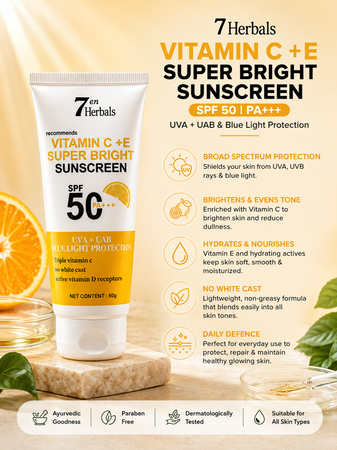 7 Herbals Vitamin C Sunscreen SPF 50 + Lavender Bliss Face Wash Combo | Daily Sun Protection & Gentle Cleansing