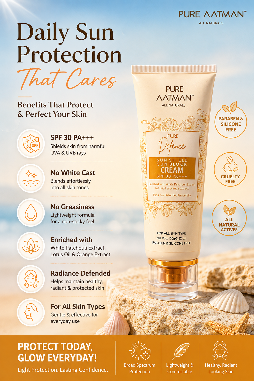 Pure Aatman Pure Defence Sun Shield Sunblock Cream SPF 30 PA+++ — 100g