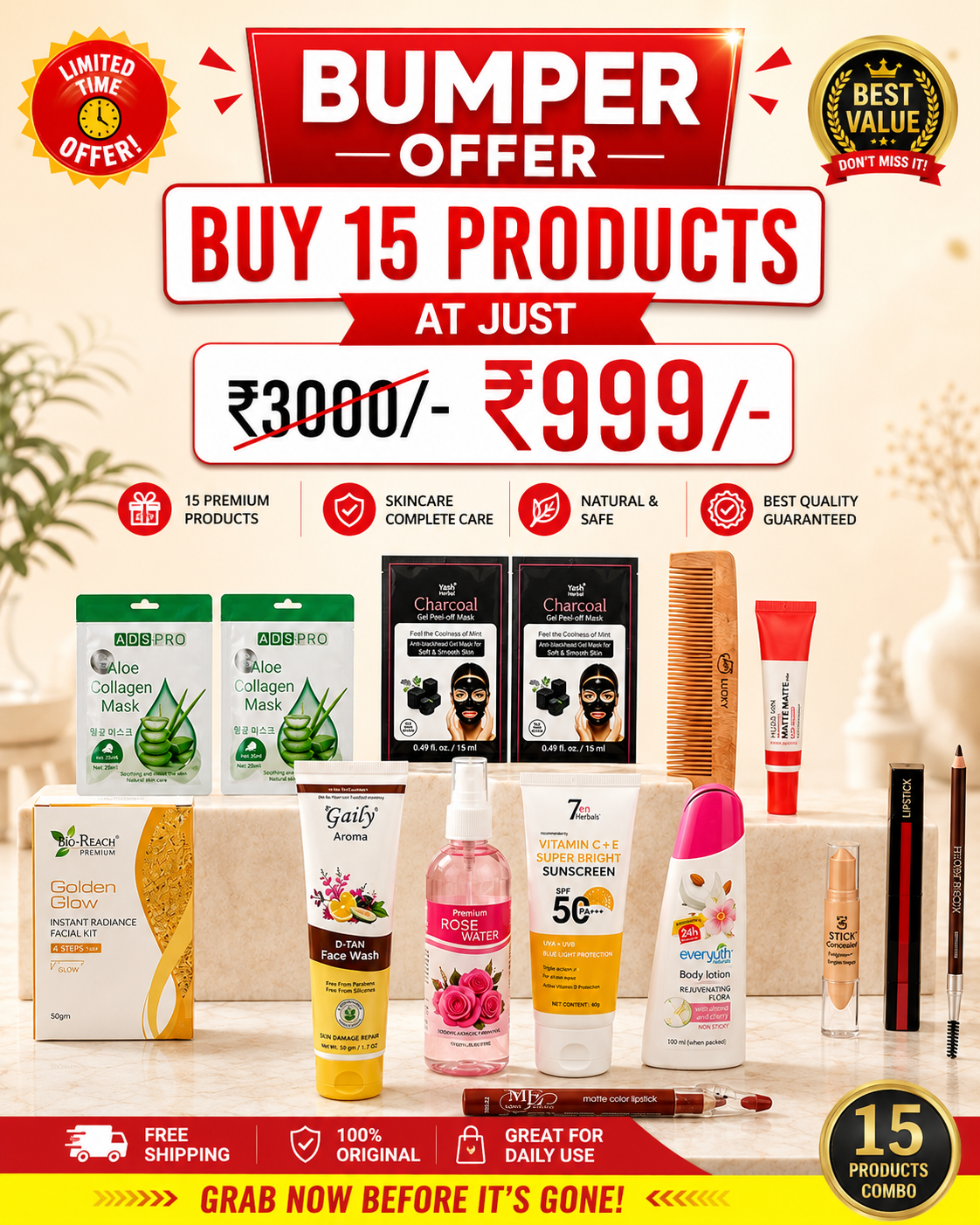 15 Premium Beauty & Personal Care Products Combo Pack | Worth ₹3000 | Only ₹999