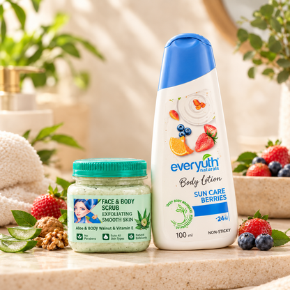 Body Care Duo: Everyuth Face & Body Scrub + Everyuth Sun Care Berries Body Lotion