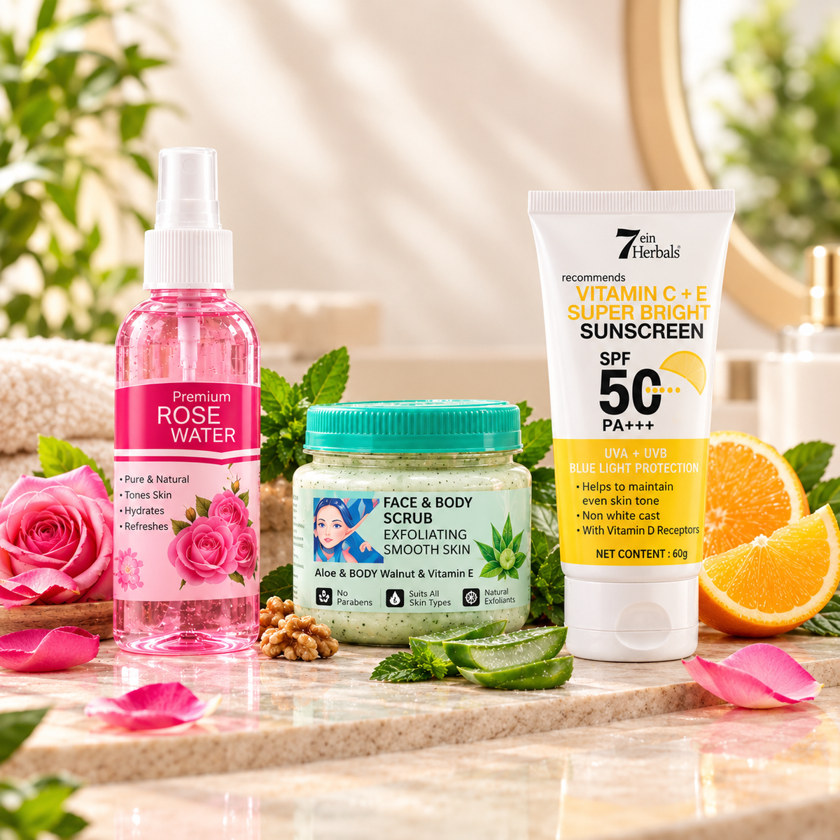 3-Step Glow Combo: Premium Rose Water + Aloe Mint Face & Body Scrub + Vitamin C & E Sunscreen