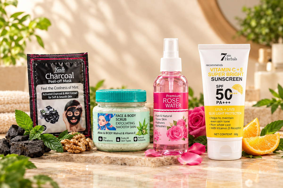 Detan & Glow Kit: 4 Beauty Essentials (Charcoal Mask + Scrub + Rose Water + Sunscreen)