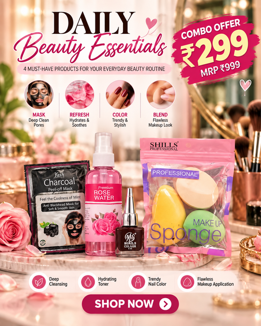 Daily Beauty Essentials Combo: Charcoal Peel-Off Mask + Premium Rose Water + Trendy Nail Color + Professional Makeup Sponge Set @299