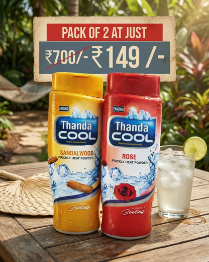 Thanda Cool Prickly Heat Powder Combo Pack (Sandalwood & Rose) | Instant Cooling Formula | Long-Lasting Freshness | Sweat & Heat Relief | Summer Body Care | Pack of 2 (₹149 Offer)