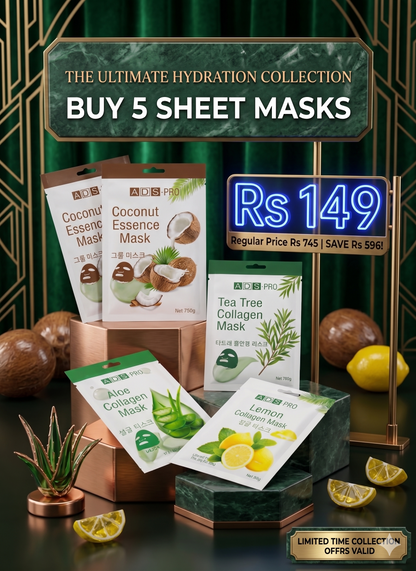 5X Hydrating Sheet Mask Combo | Coconut, Aloe, Tea Tree & Lemon Collagen Masks | Deep Moisturizing, Brightening & Skin Repair | Korean Skincare Inspired | All Skin Types