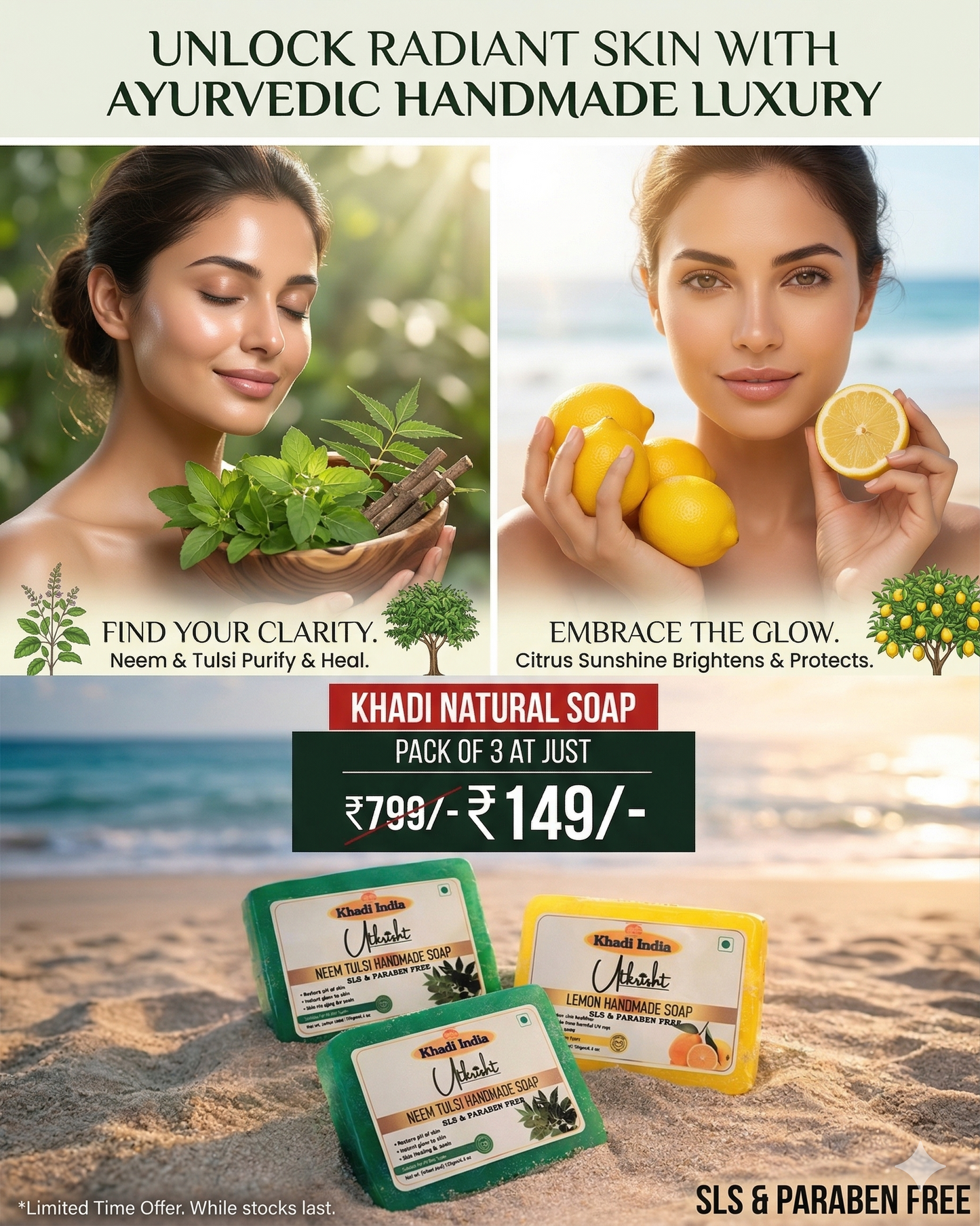 Khadi Natural Handmade Soap | Neem Tulsi & Lemon | SLS & Paraben Free | Pack of 3