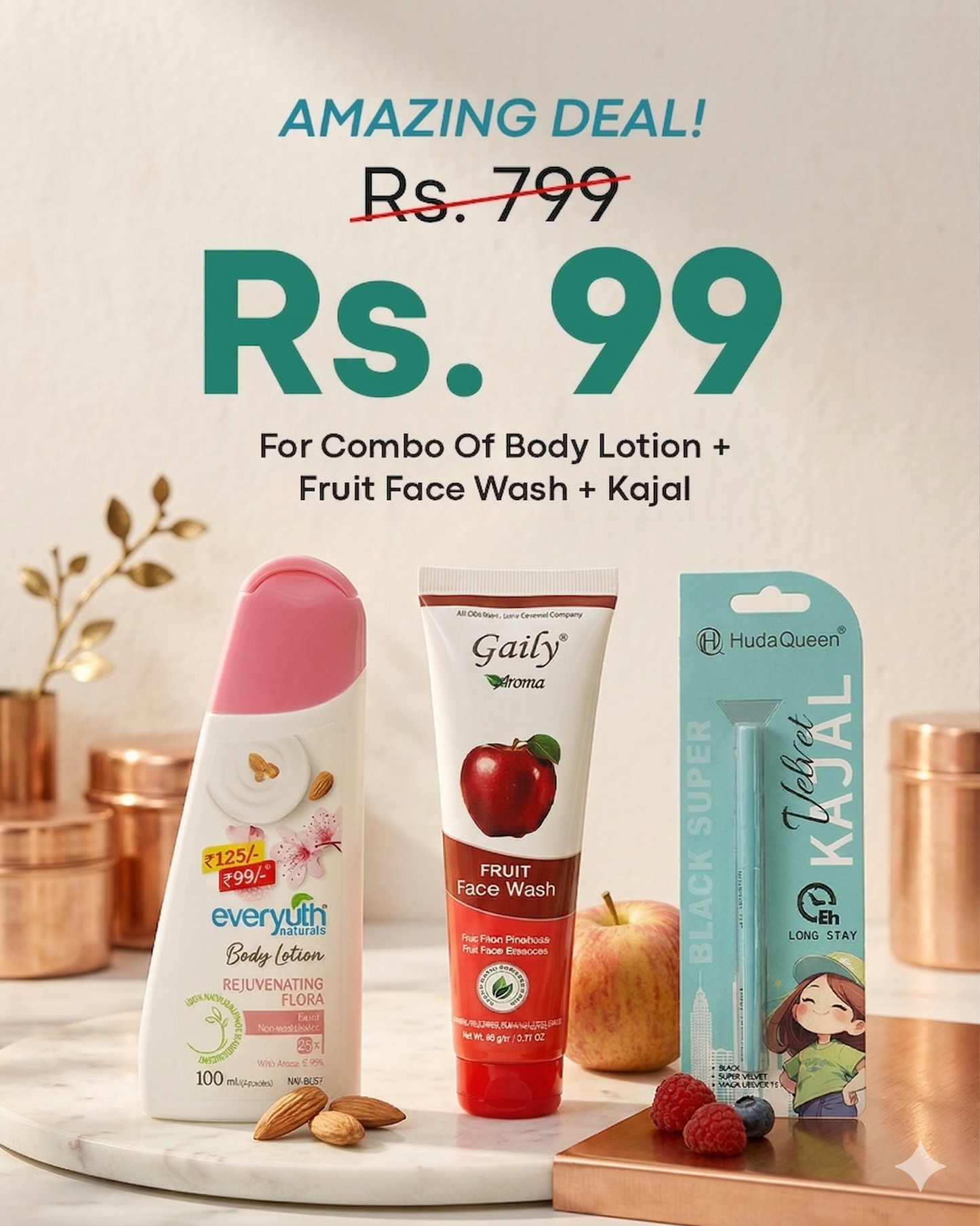 Luxe Glow Essentials Trio  Body Lotion + Fruit Face Wash + Velvet Kajal @99