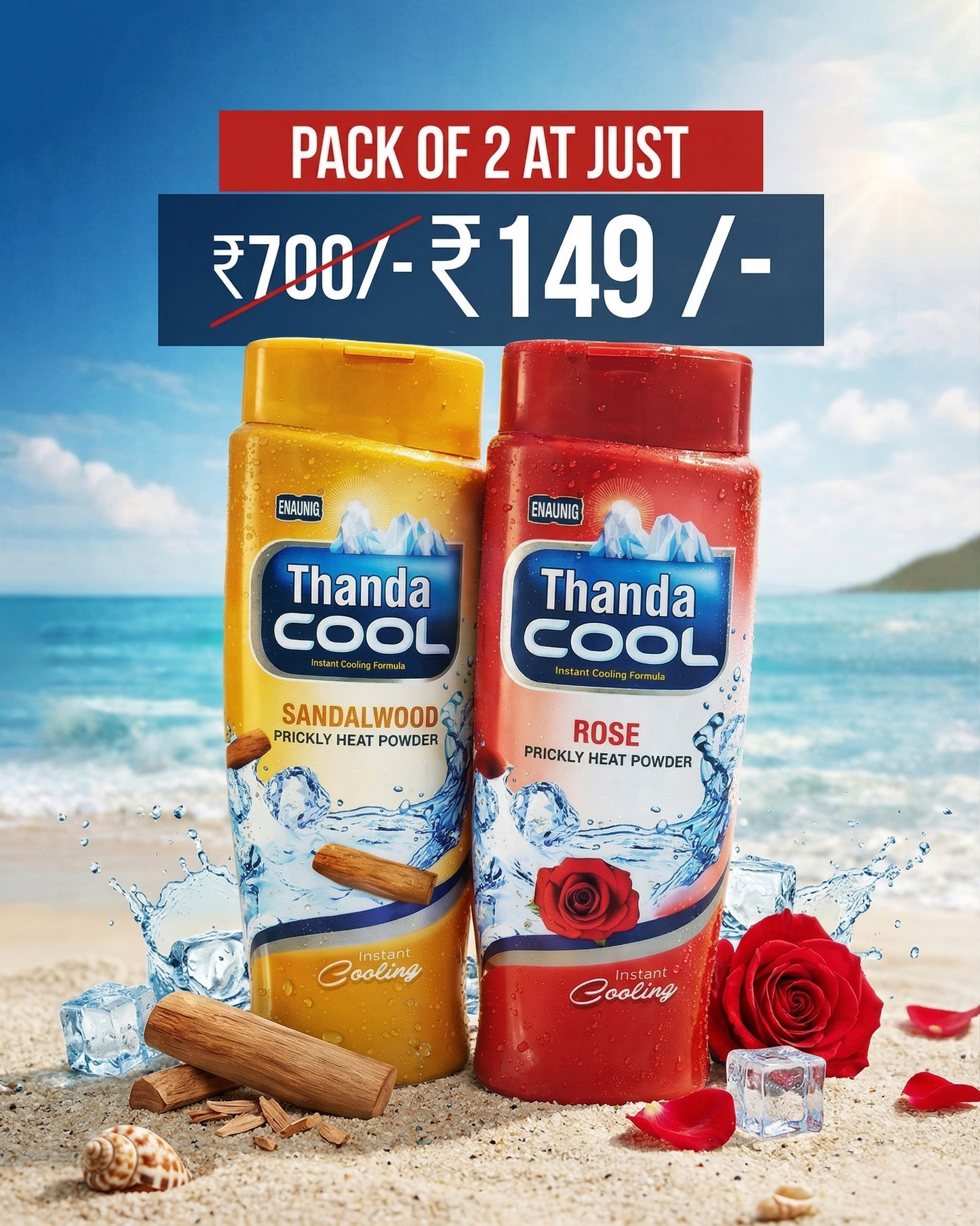 Thanda Cool Prickly Heat Powder Combo Pack (Sandalwood & Rose) | Instant Cooling Formula | Long-Lasting Freshness | Sweat & Heat Relief | Summer Body Care | Pack of 2 (₹149 Offer)