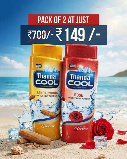 Thanda Cool Prickly Heat Powder Combo Pack (Sandalwood & Rose) | Instant Cooling Formula | Long-Lasting Freshness | Sweat & Heat Relief | Summer Body Care | Pack of 2 (₹149 Offer)