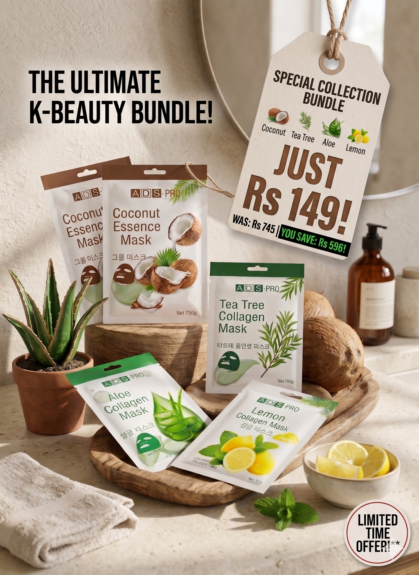 5X Hydrating Sheet Mask Combo | Coconut, Aloe, Tea Tree & Lemon Collagen Masks | Deep Moisturizing, Brightening & Skin Repair | Korean Skincare Inspired | All Skin Types