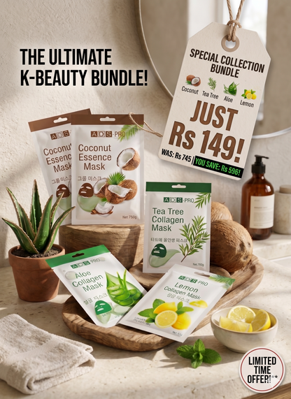 5X Hydrating Sheet Mask Combo | Coconut, Aloe, Tea Tree & Lemon Collagen Masks | Deep Moisturizing, Brightening & Skin Repair | Korean Skincare Inspired | All Skin Types