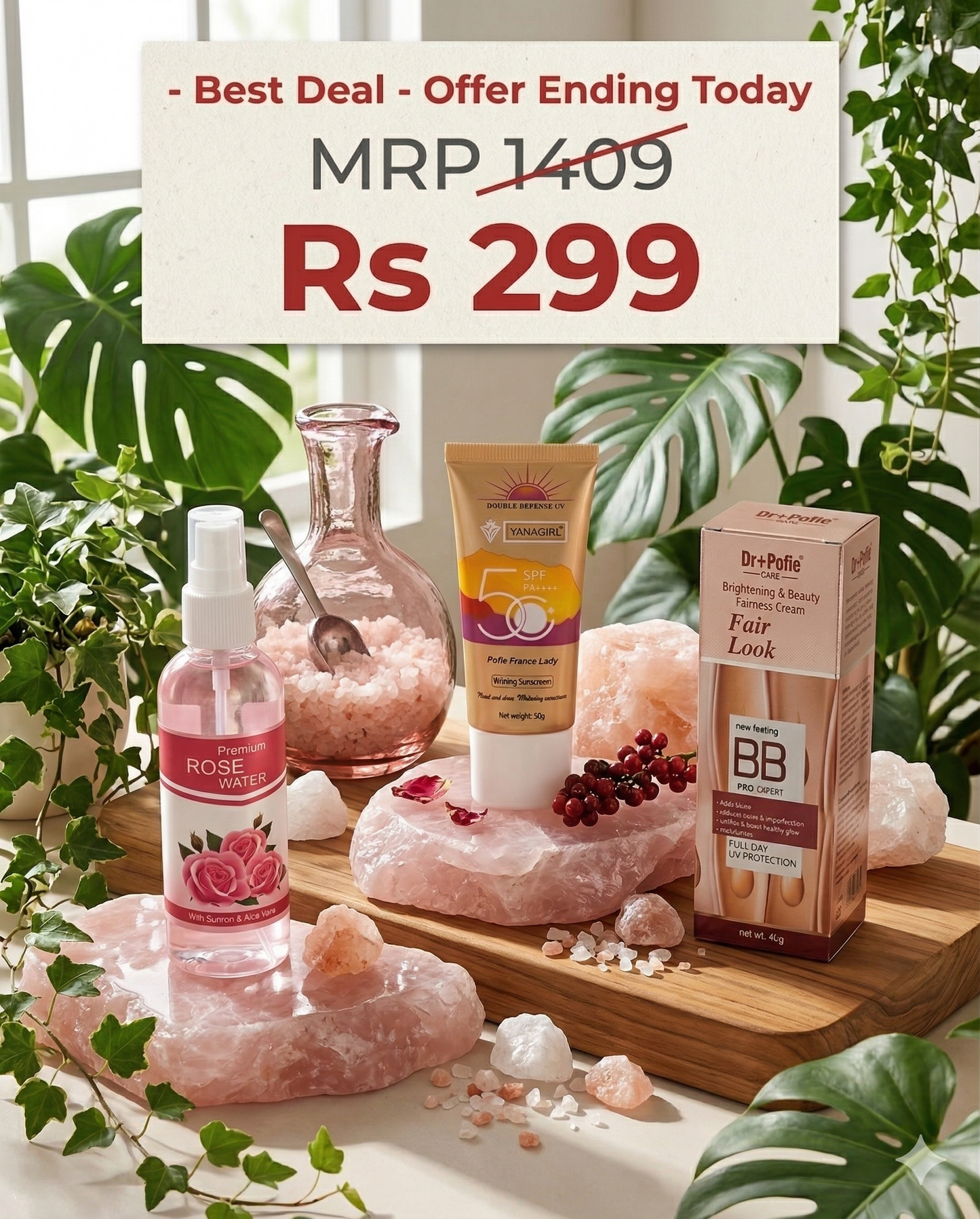 Glow Essentials Combo – BB Cream + Rose Water + SPF 50 Sunscreen
