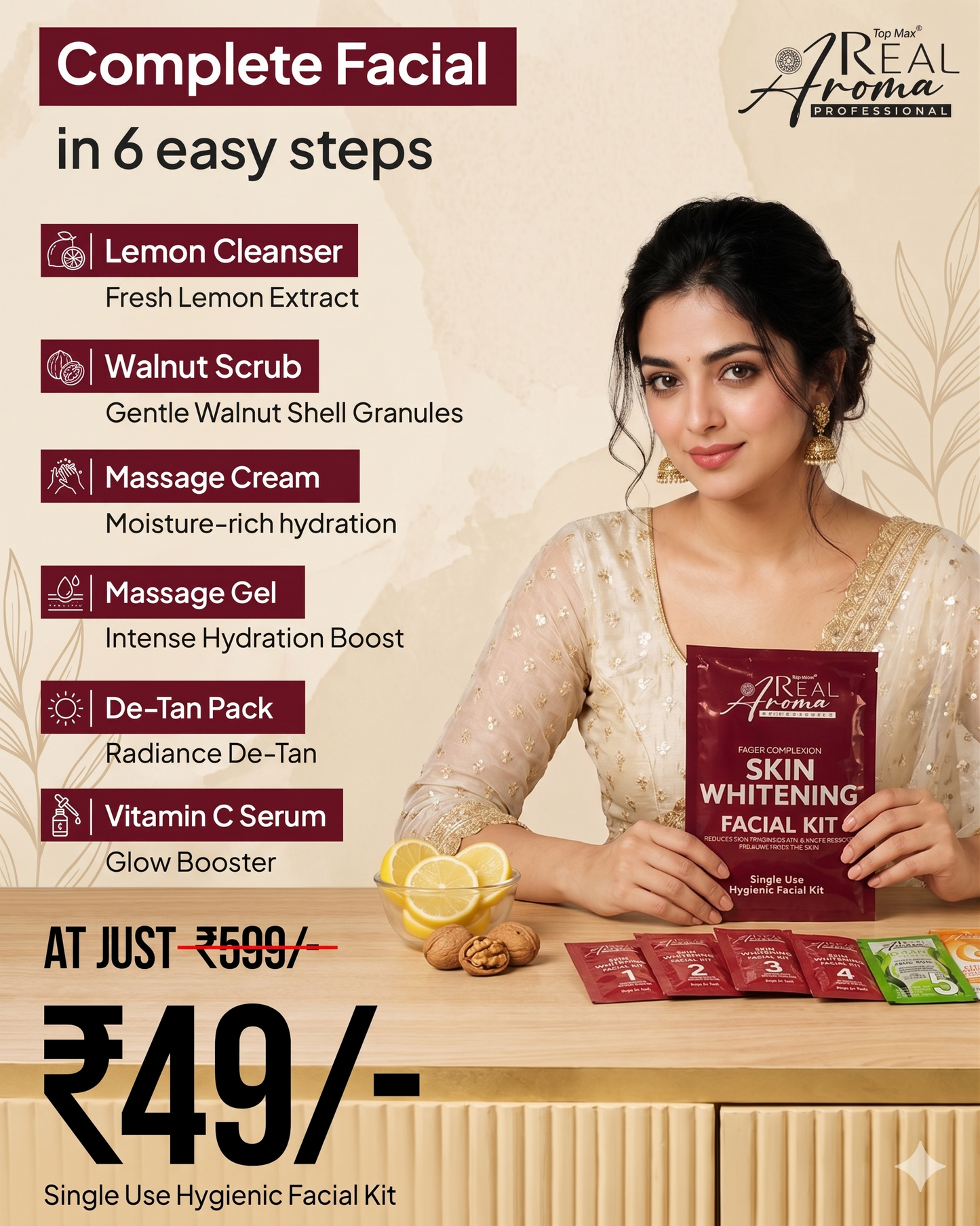 Skin Whitening Facial Kit (6-Step Complete Facial)  Salon-Style Brightening Facial at Home – Now in 6 Easy Steps