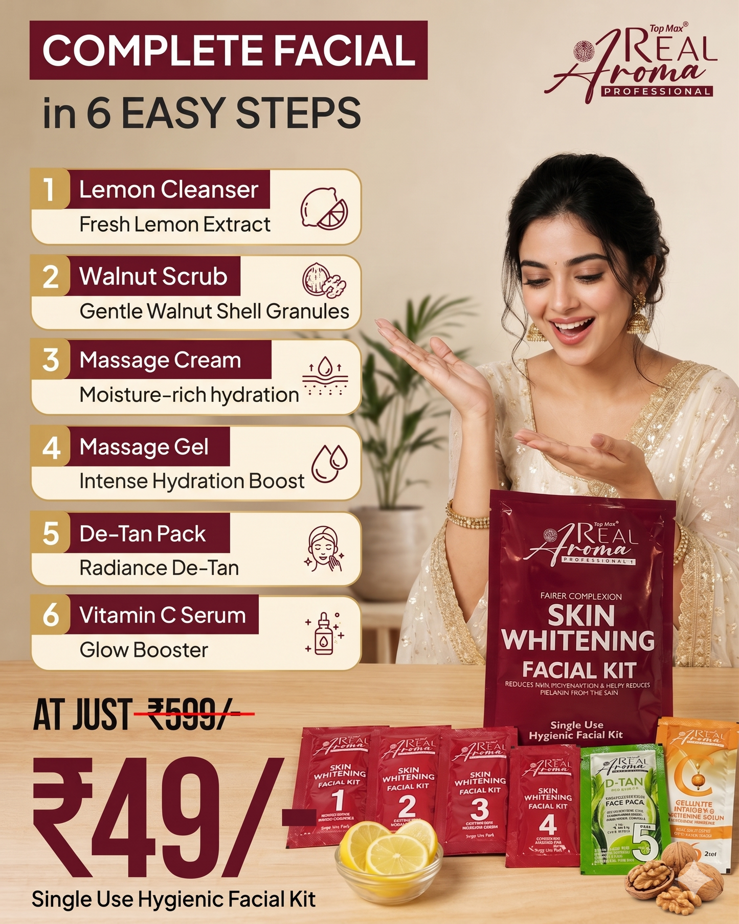 Skin Whitening Facial Kit (6-Step Complete Facial)  Salon-Style Brightening Facial at Home – Now in 6 Easy Steps